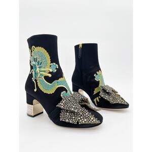 Gucci 2017 Black Candy Dragon Crystal Bow Satin Embroidered Ankle Boots EU 37.5